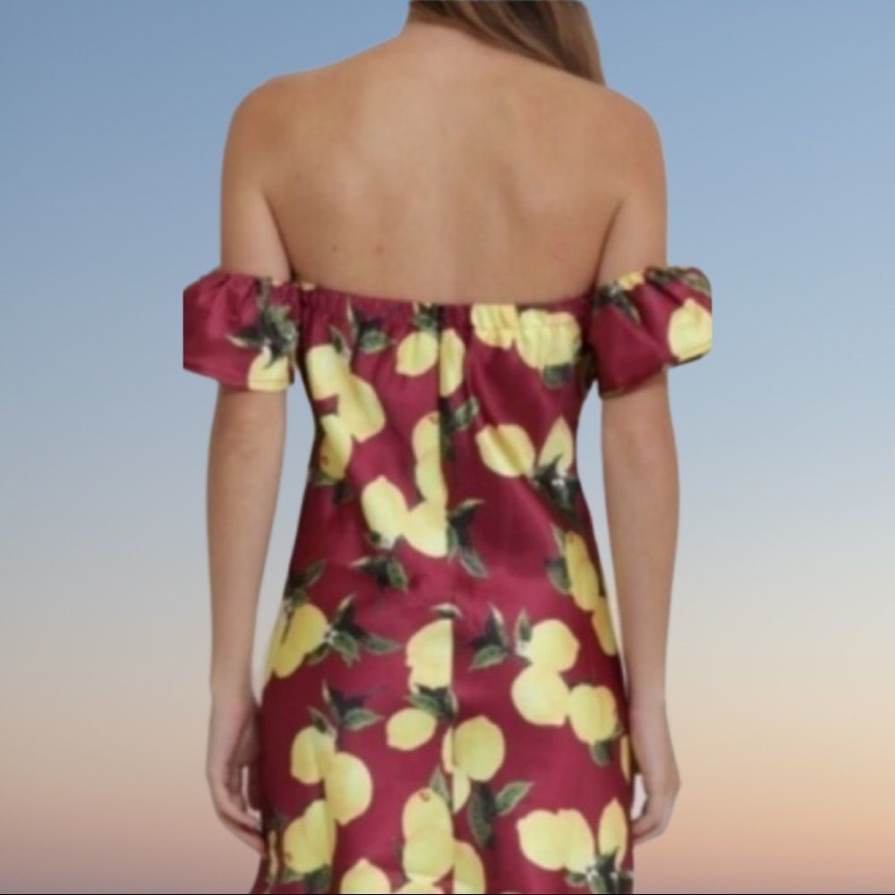 NWT, Lemon-Print Knee-Length Off Shoulder Dress in Dark Red - Med & Large - Picture 3 of 8